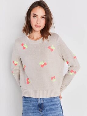 Lisa Todd Cherry Embroidered Cotton Sweater – Grey – Size M